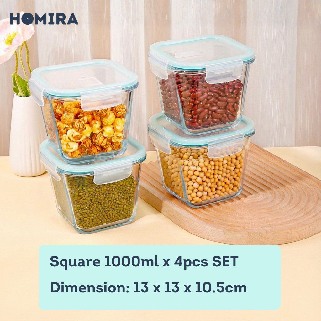 HOMIRA Classic Series Square Borosilicate Glass Food Container (1000ml)