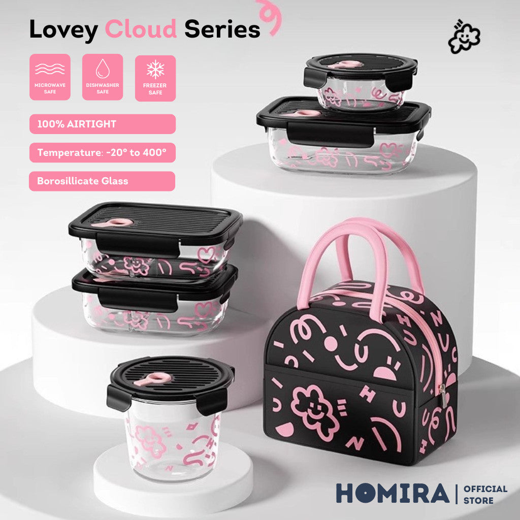 HOMIRA Lovey Cloud Series Borosilicate Glass Food Container & Bag Set - Black (450ml - 1100ml)