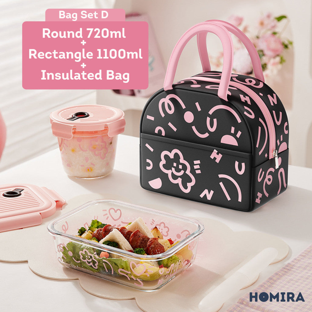HOMIRA Lovey Cloud Series Glass Lunch Box & Insulated Bag Set (450ml - 1100ml)