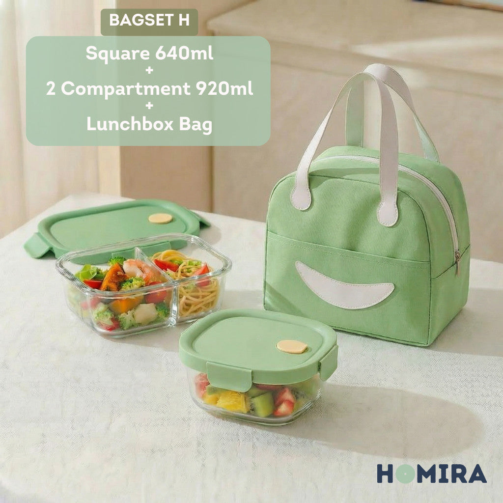 HOMIRA Summer Series Borosilicate Glass Lunchbox Bag Airtight & Microwave Safe Set