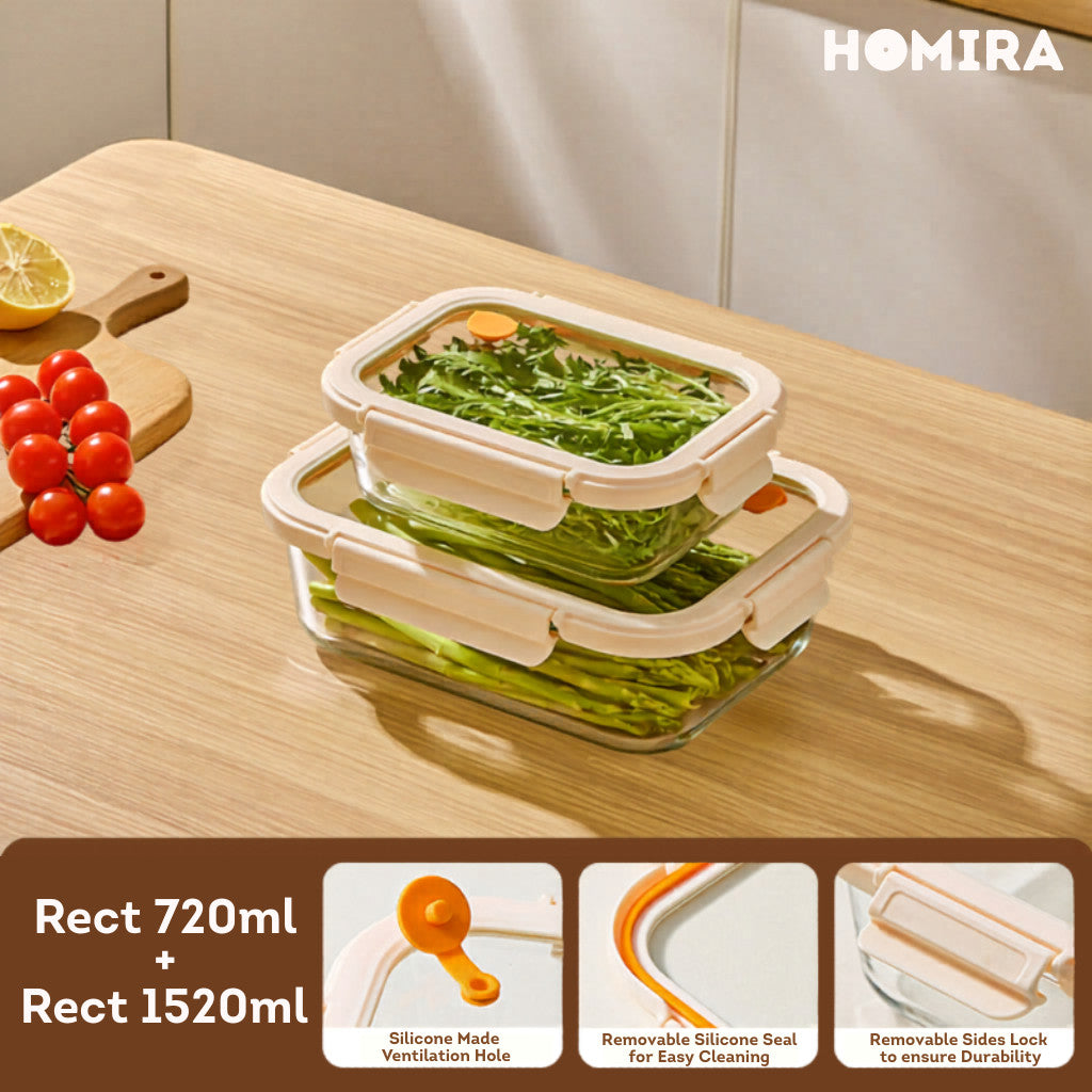 HOMIRA Signature Series Rectangle Borosilicate Glass Food Container Set (480ml/720ml/1100ml/1520ml)