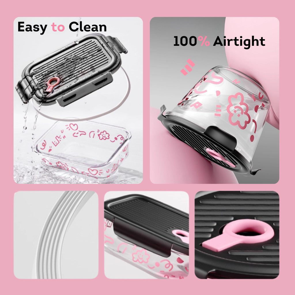 HOMIRA Lovey Cloud Series Borosilicate Glass Food Container & Bag Set - Black (450ml - 1100ml)