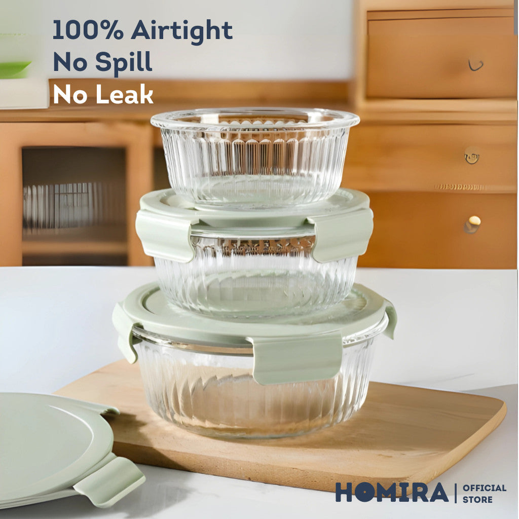 HOMIRA Wave Series Borosilicate Glass Food Container Airtight Microwave Safe (450ml-1050ml)