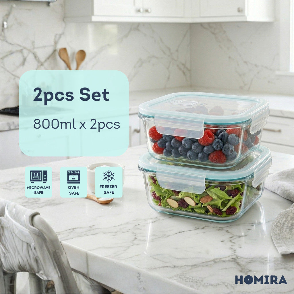 HOMIRA Classic Series Borosilicate Glass Square Food Container (800ml)