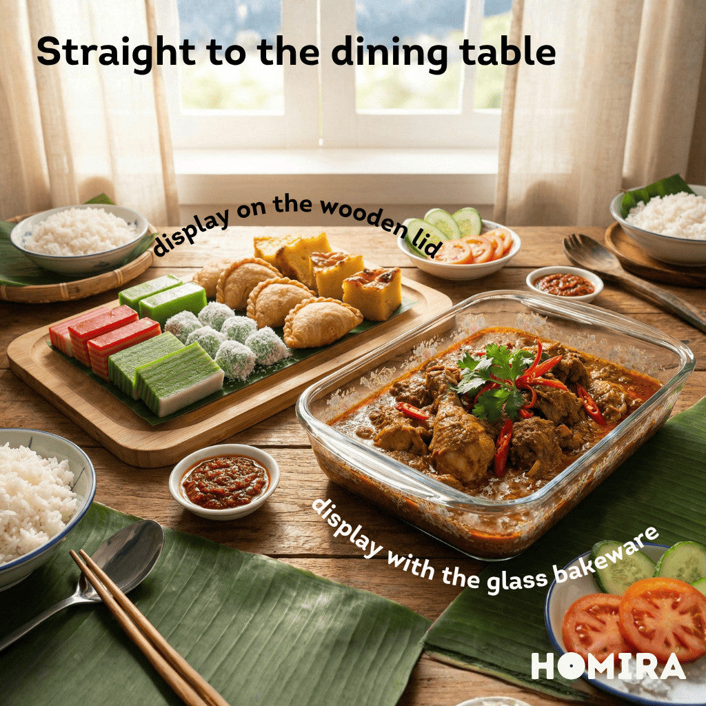 HOMIRA Bakeware Glass Tray with Wooden Lid Display Set(1L/1.6L/2.2L/3L)