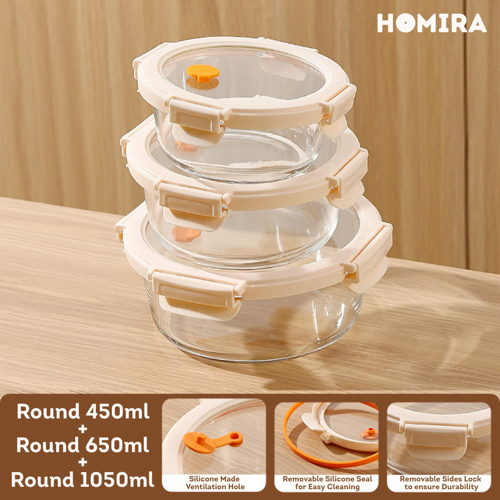 HOMIRA Signature Series Round Borosilicate Glass Food Container (450ml-1050ml)
