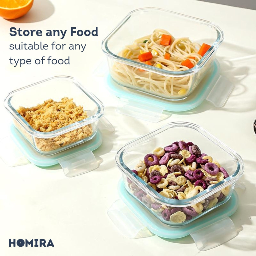 HOMIRA Classic Series Square Borosilicate Glass Food Container (320ml/550ml/800ml)
