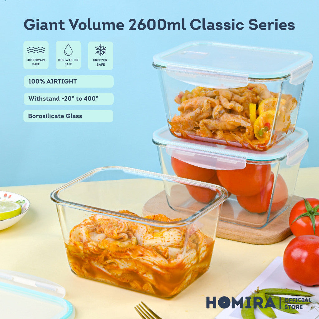 HOMIRA Classic Big Rectangle Borosilicate Glass Food Container (2600ml)