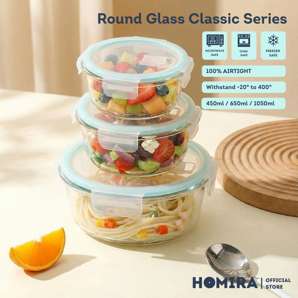 HOMIRA Classic Series Round Borosilicate Glass Food Container Airtight & Microwave Safe (450ml/650ml/1050ml)