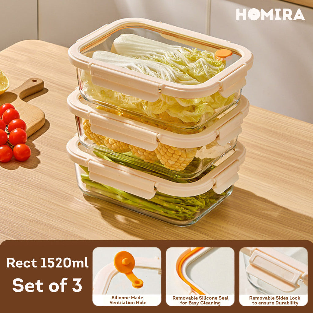 HOMIRA Signature Series Rectangle Borosilicate Glass Food Container Set (480ml/720ml/1100ml/1520ml)