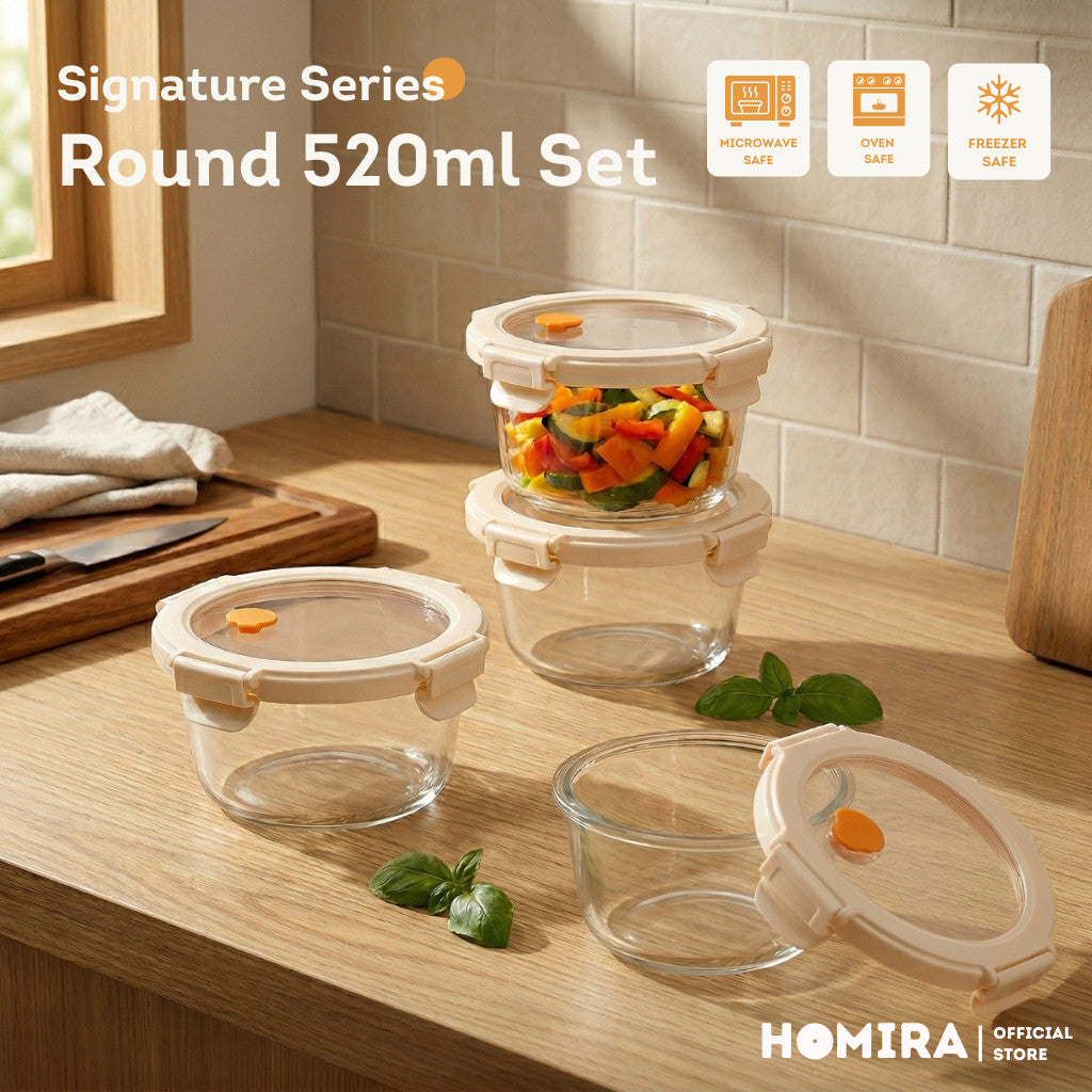 HOMIRA Signature Series Round Borosilicate Glass Food Container (520ml)