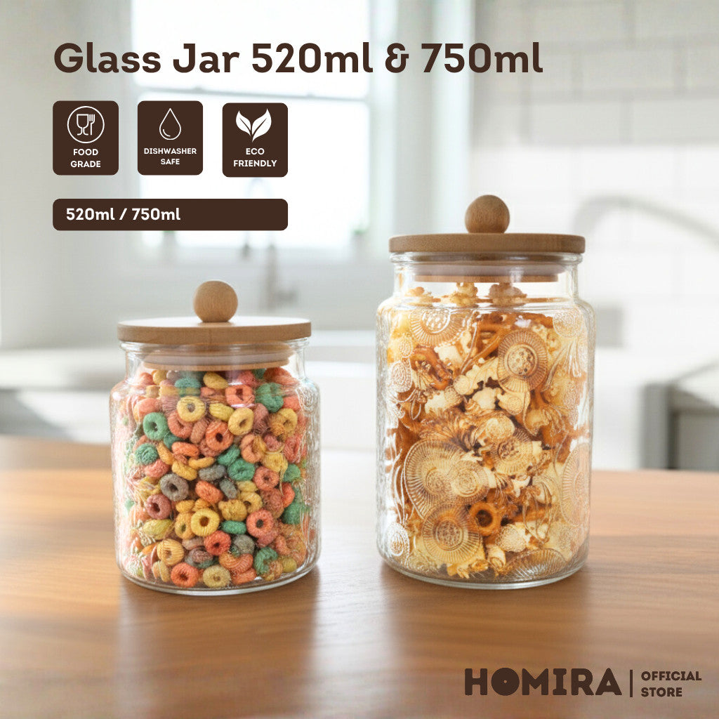 HOMIRA Glass Jar with Wooden Lid Food Storage Container Kitchen Organizer Canister (520ml & 720ml)