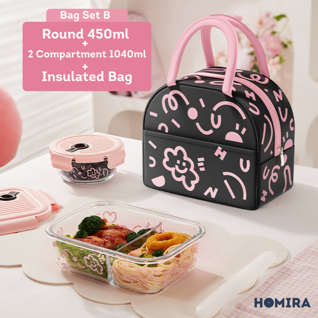 HOMIRA Lovey Cloud Series Glass Lunch Box & Insulated Bag Set (450ml - 1100ml)
