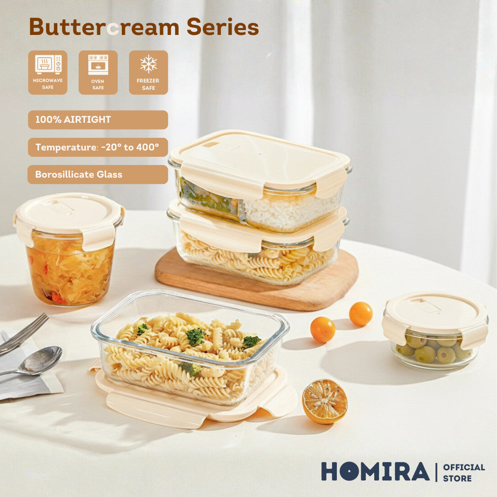 HOMIRA Buttercream Series Round Borosilicate Glass Food Container (450ml-1100ml)