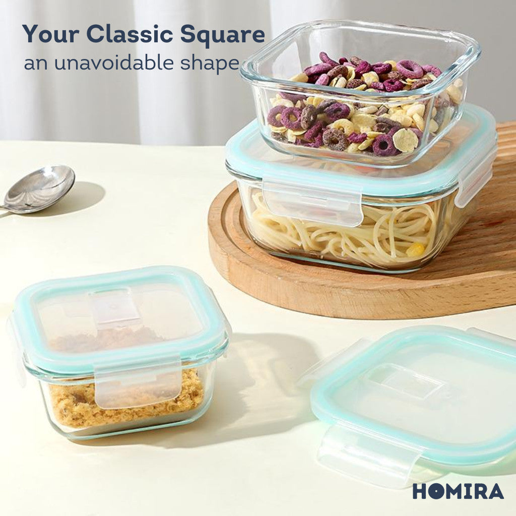 HOMIRA Classic Series Borosilicate Glass Square Food Container (800ml)