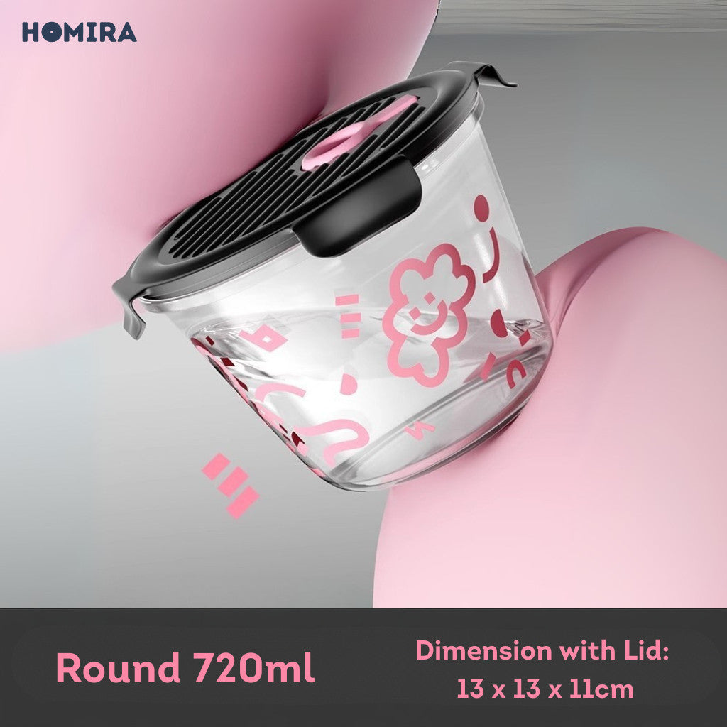 HOMIRA Round Tall Borosilicate Glass Food Container with Vent Lid - 720ml