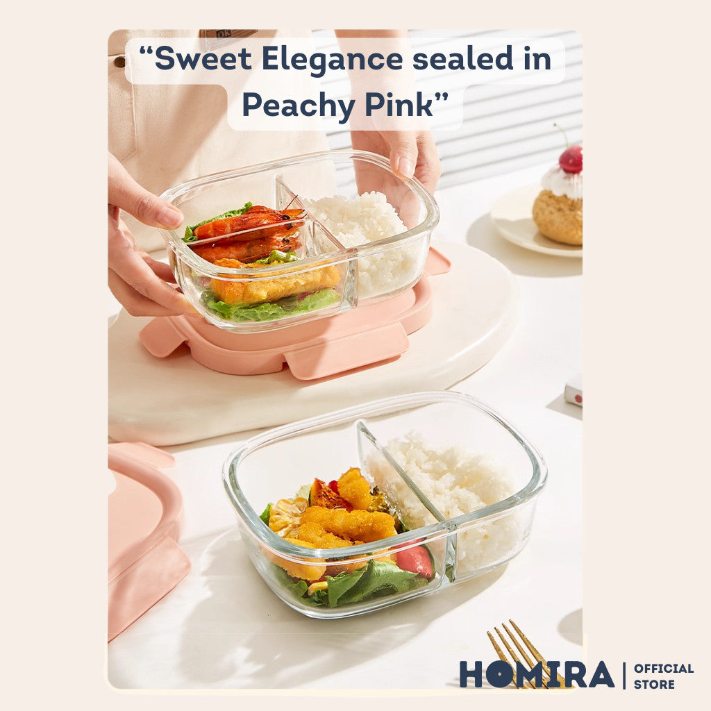 HOMIRA Peachy Pink Borosilicate Glass Food Container Airtight Leakproof Lunch Box (450ml-940ml)