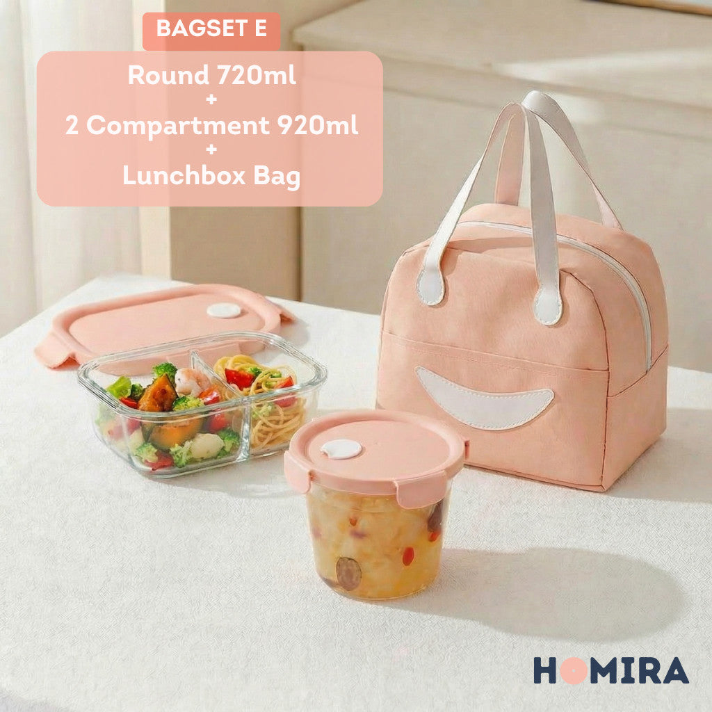 HOMIRA Summer Series Borosilicate Glass Lunchbox Bag Airtight & Microwave Safe Set