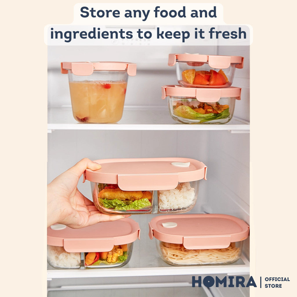 HOMIRA Peachy Pink Borosilicate Glass Food Container Airtight Leakproof Lunch Box (450ml-940ml)