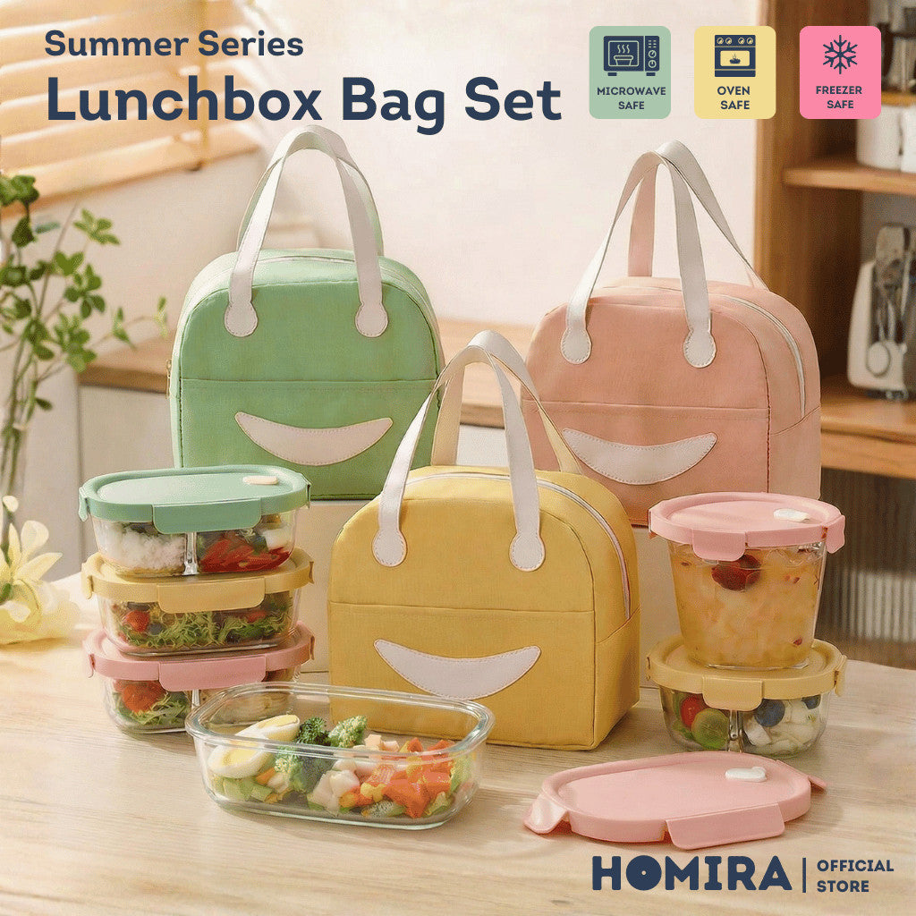 HOMIRA Summer Series Borosilicate Glass Lunchbox Bag Airtight & Microwave Safe Set