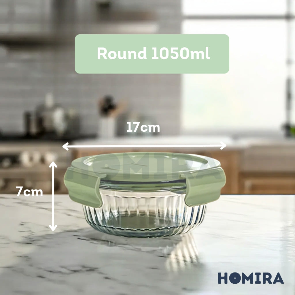 Homira Borosilicate Glass Food Container β Airtight Leakproof Oven Safe Lunch Box | Round & Rectangle (450ml-1050ml)