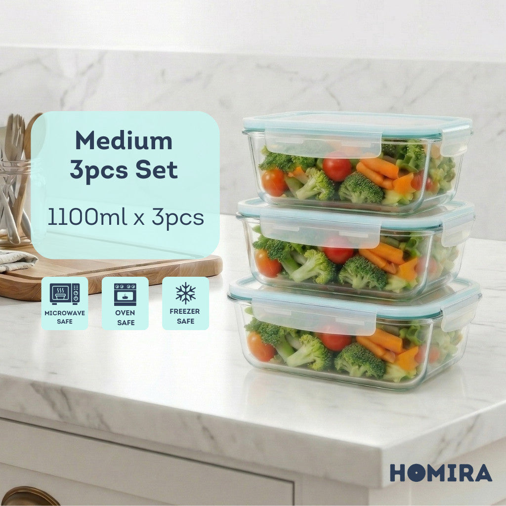 HOMIRA Classic Series Borosilicate Glass Rectangle Food Container (700ml/1100ml/1520ml/2260ml)