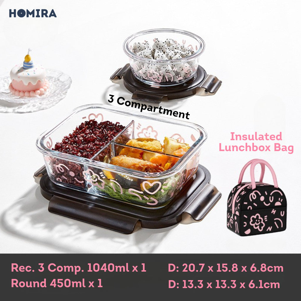 HOMIRA Lovey Cloud Series Borosilicate Glass Food Container & Bag Set - Black (450ml - 1100ml)