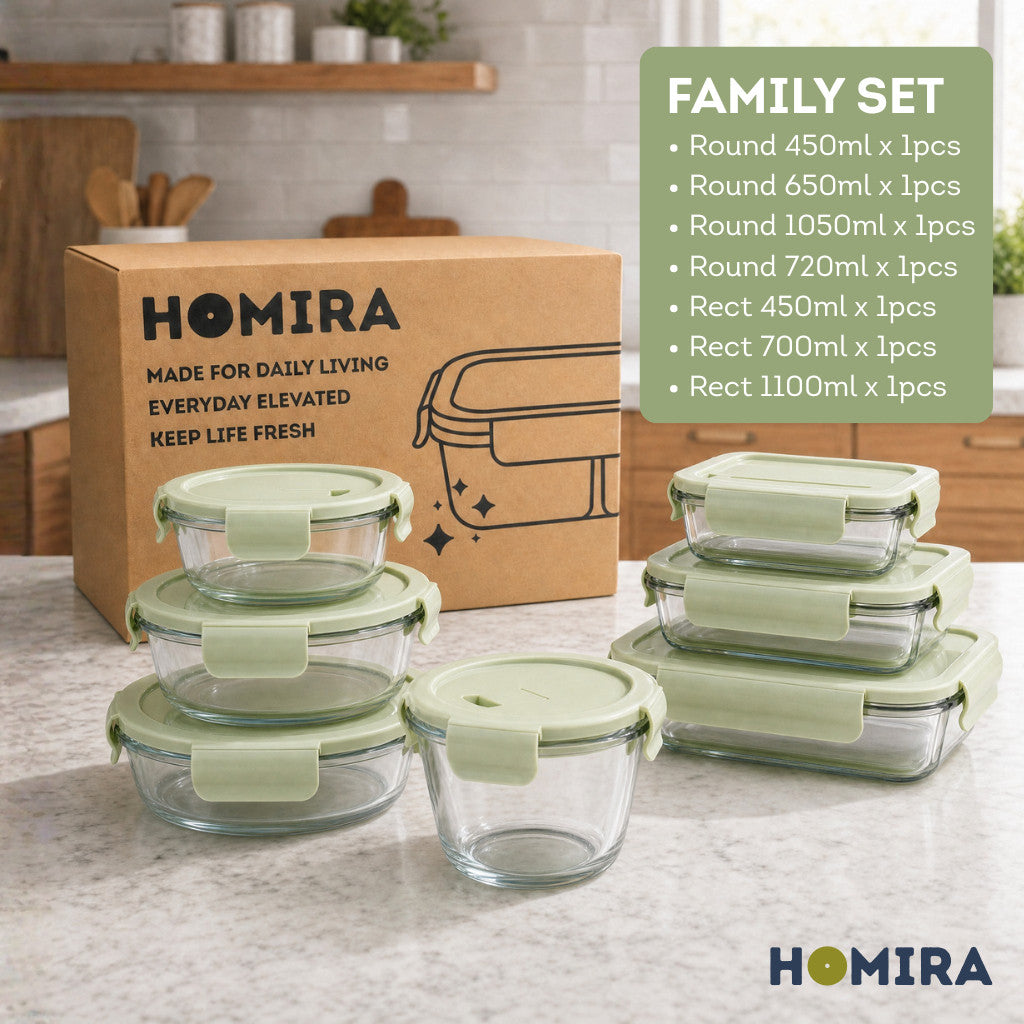 HOMIRA Borosilicate Glass Food Container Set - Natural Green Family Collection