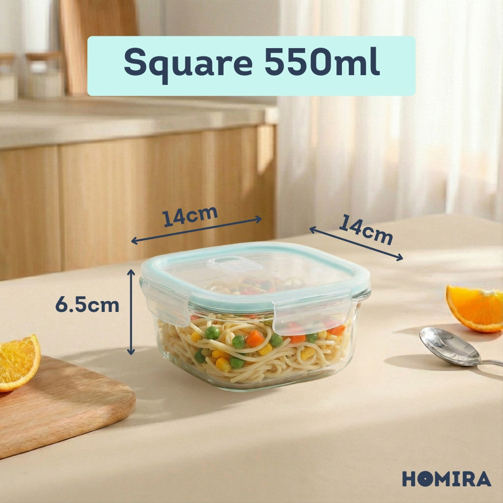 HOMIRA Classic Series Square Borosilicate Glass Food Container (320ml/550ml/800ml)