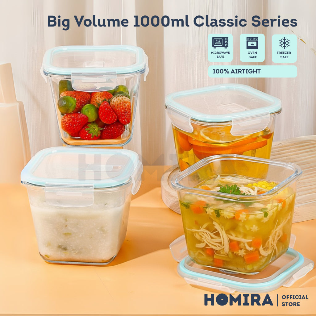 Homira Classic Series Square Borosilicate Glass Food Container 1000ml β Airtight Leakproof | Oven Safe Meal Prep Storage