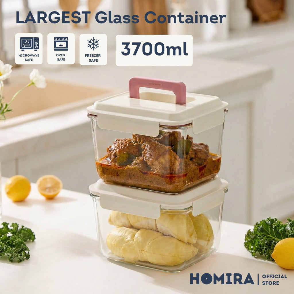HOMIRA Extra Large Rectangular Borosilicate Glass Food Container with Handle - 3700ml