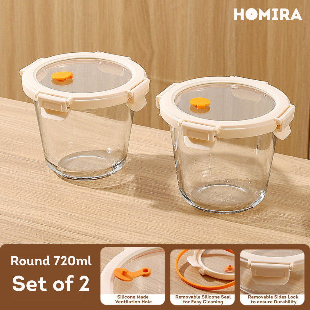 HOMIRA Signature Series Round Borosilicate Glass Food Container (450ml-1050ml)