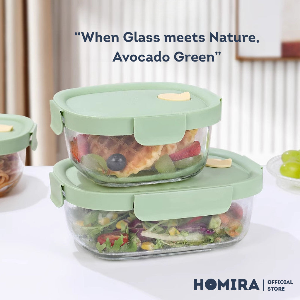 HOMIRA Avocado Green Borosilicate Glass Food Container (450ml - 940ml)