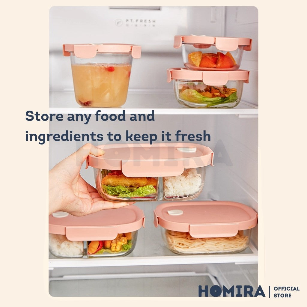 Homira Peachy Pink Borosilicate Glass Food Container β Airtight Leakproof Lunch Box | (450mlβ940ml)