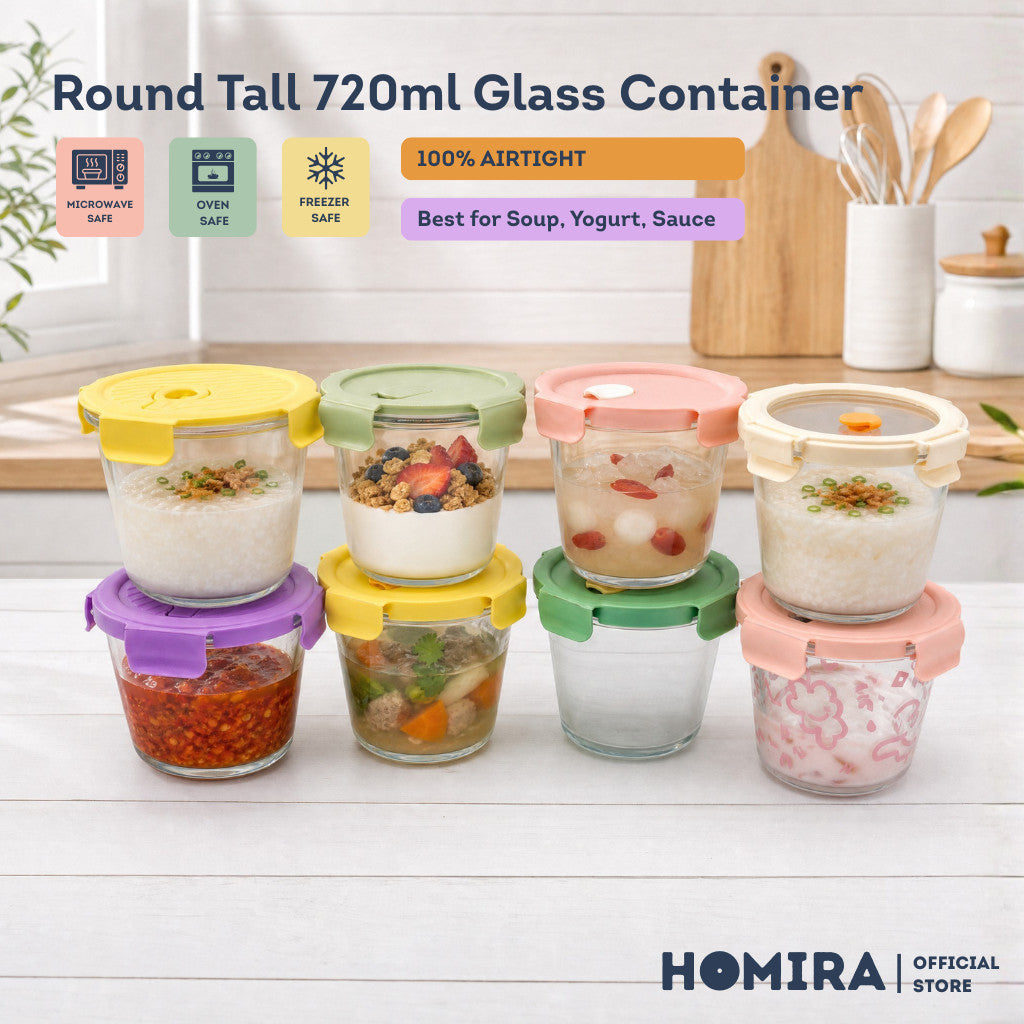 HOMIRA Round Tall Borosilicate Glass Food Container with Vent Lid - 720ml