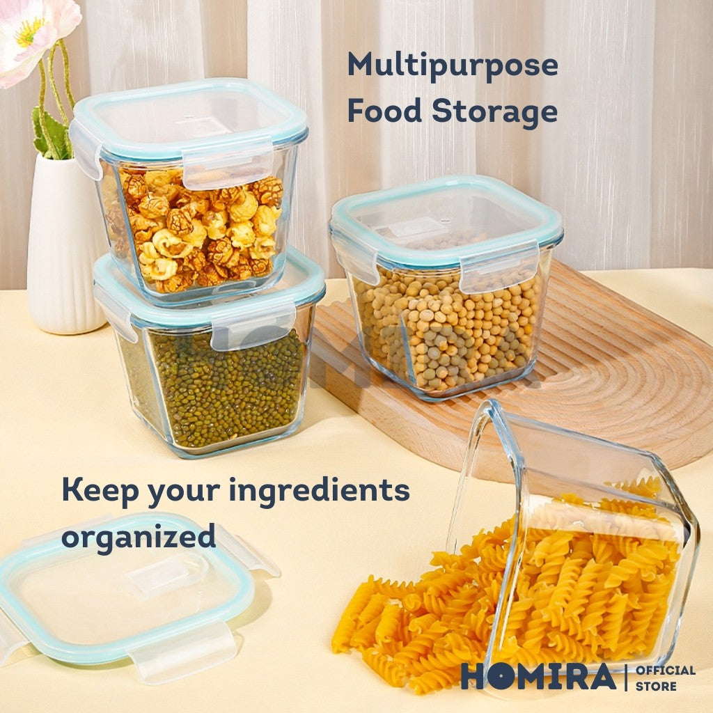 Homira Classic Series Square Borosilicate Glass Food Container 1000ml β Airtight Leakproof | Oven Safe Meal Prep Storage