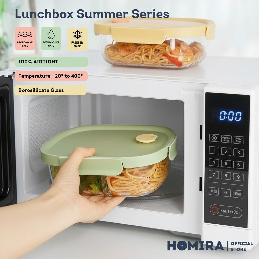 Homira Summer Series Rectangle Borosilicate Glass Food Container β Airtight Lunch Box | Oven Safe (760ml-940ml)