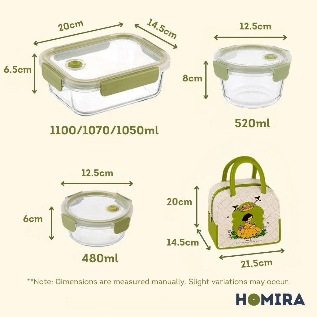 HOMIRA Daisy Girl Series Glass Lunch Box & Insulated Bag Set (480ml - 1100ml)