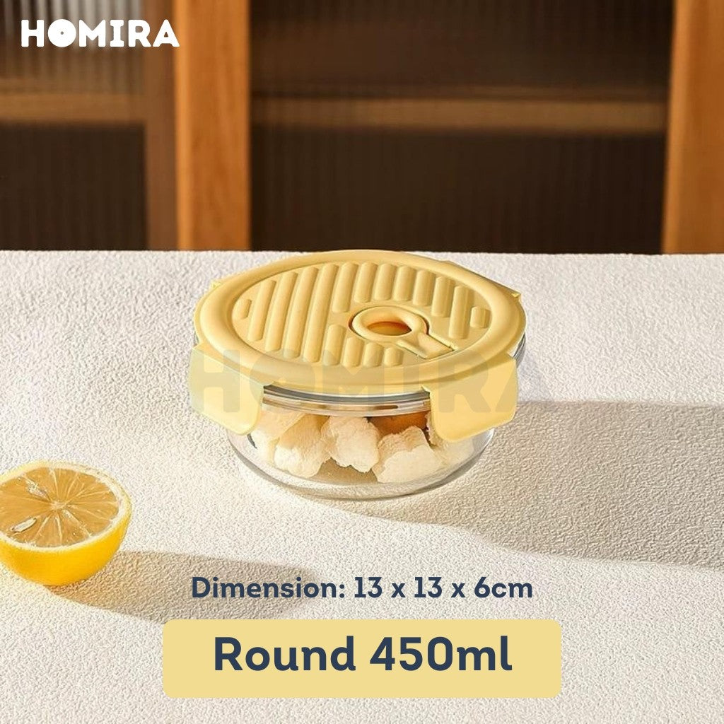 Homira Sunflower Yellow Borosilicate Glass Food Container – Airtight Leakproof Lunch Box | (450ml–1100ml)