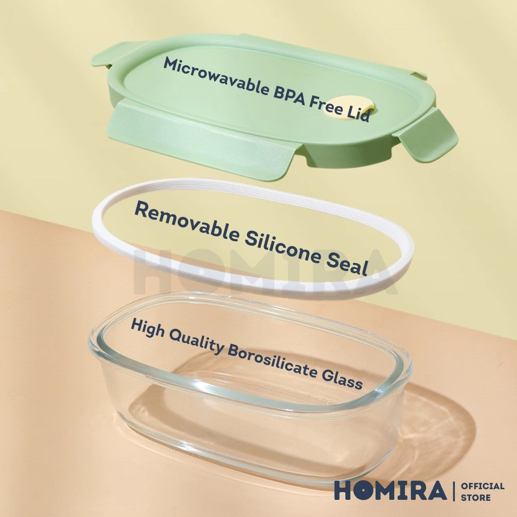 Homira Long Oval Borosilicate Glass Food Container 760ml β Airtight Leakproof Lunch Box | Microwave & Oven Safe