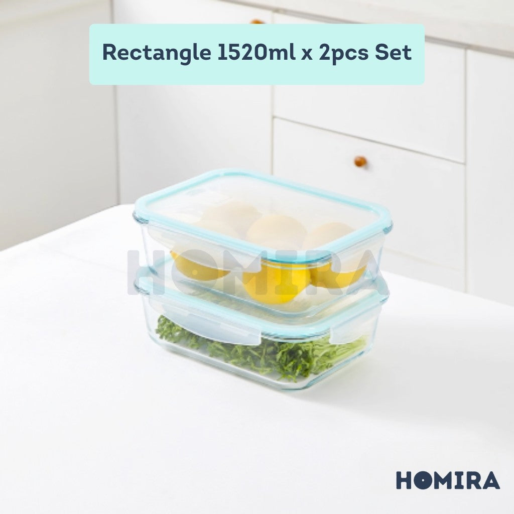 Homira Classic Rectangle Borosilicate Glass Food Container 1520ml – Airtight Leakproof | Oven Safe