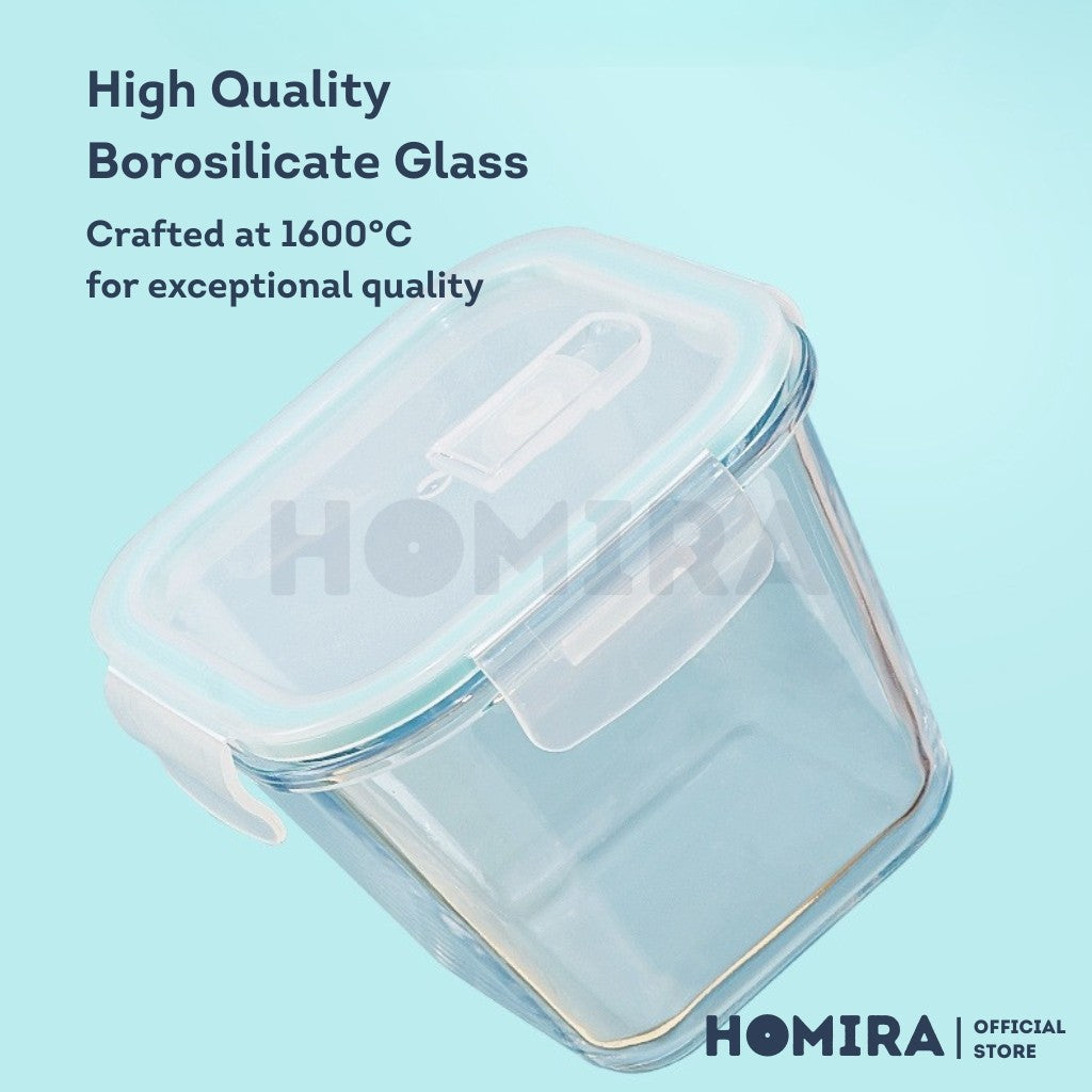 Homira Classic Series Square Borosilicate Glass Food Container 1000ml β Airtight Leakproof | Oven Safe Meal Prep Storage