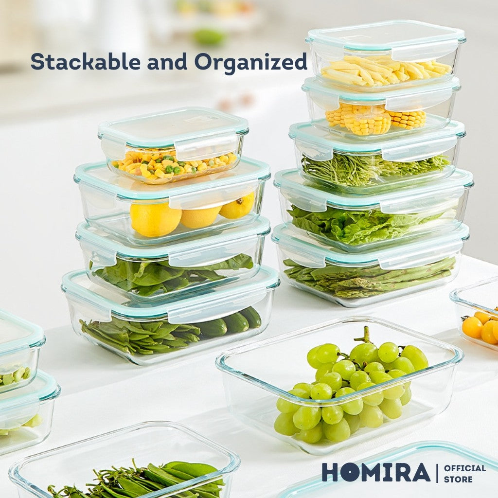 Homira Classic Rectangle Borosilicate Glass Food Container β Airtight Leakproof Oven Safe Lunch Box | (700mlβ1520ml)