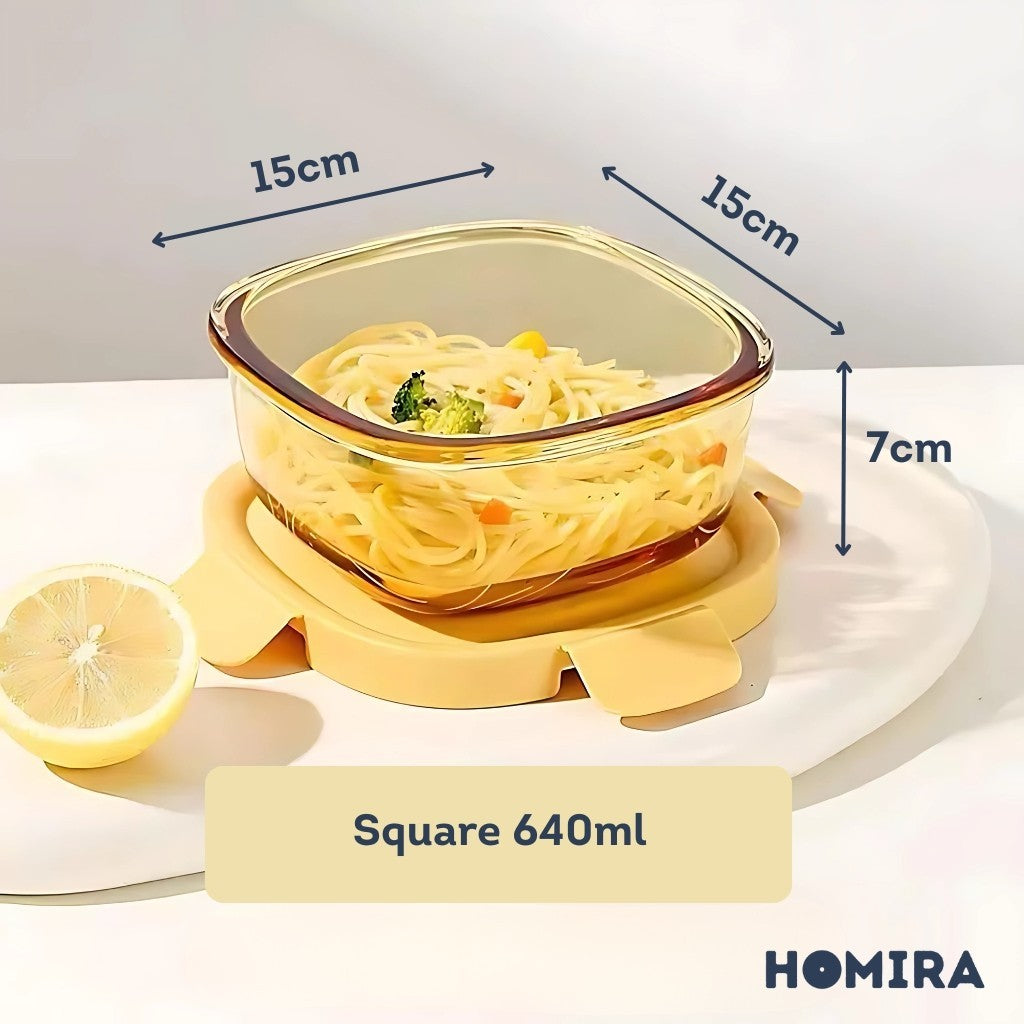 HOMIRA Amber Yellow Square Borosilicate Glass Food Container (640ml)
