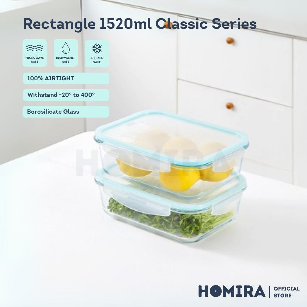 Homira Classic Rectangle Borosilicate Glass Food Container 1520ml β Airtight Leakproof | Oven Safe