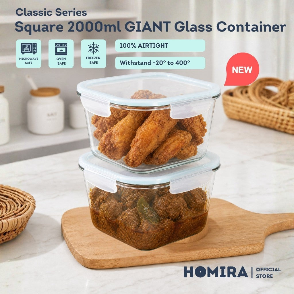 HOMIRA Classic Series Square Giant Borosilicate Glass Food Container (2000ml)