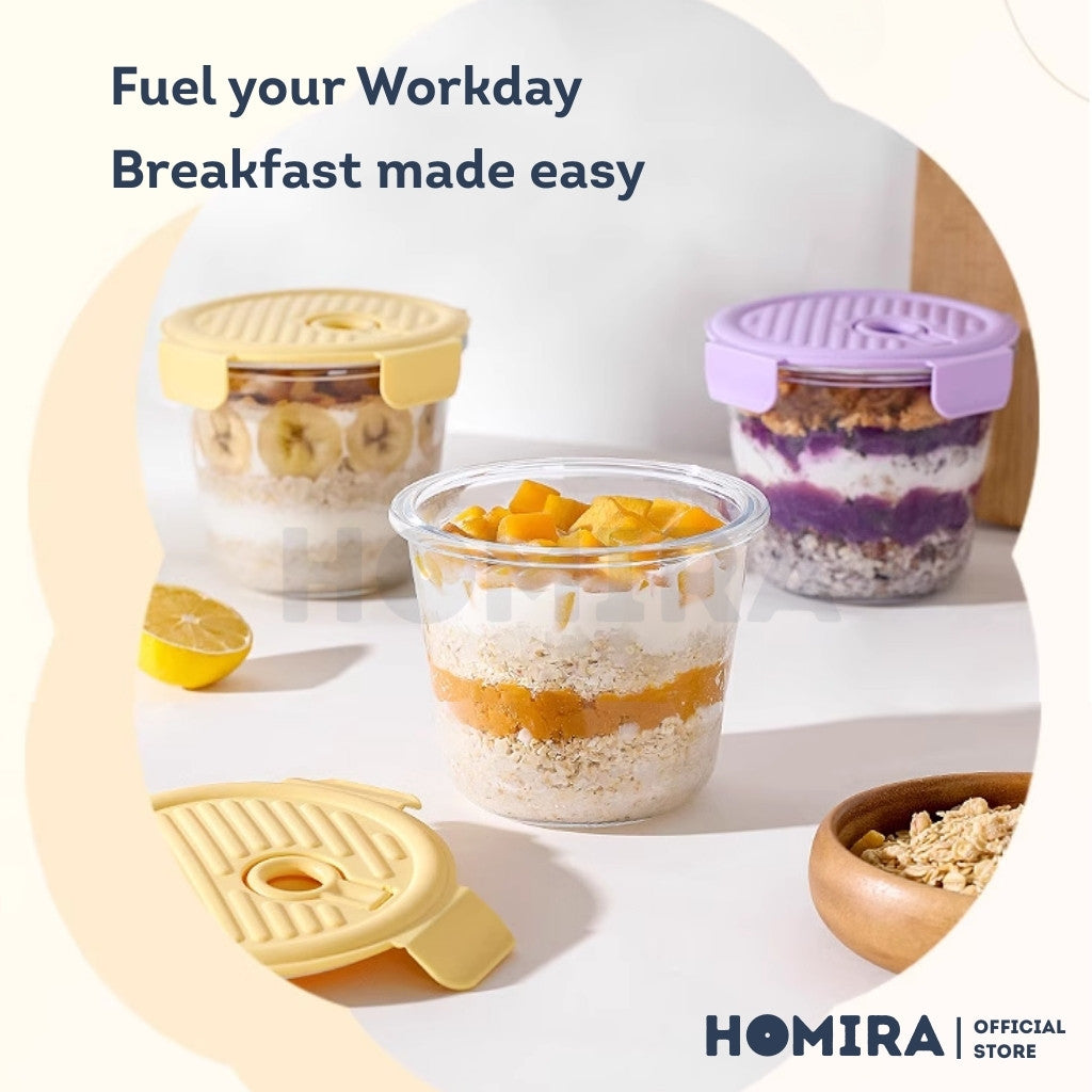 Homira Round Tall Borosilicate Glass Food Container 720ml – Airtight Leakproof Lunch Box | Microwave Oven Safe