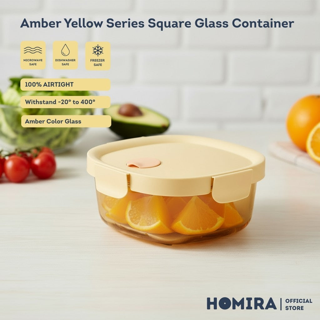 HOMIRA Amber Yellow Square Borosilicate Glass Food Container (640ml)