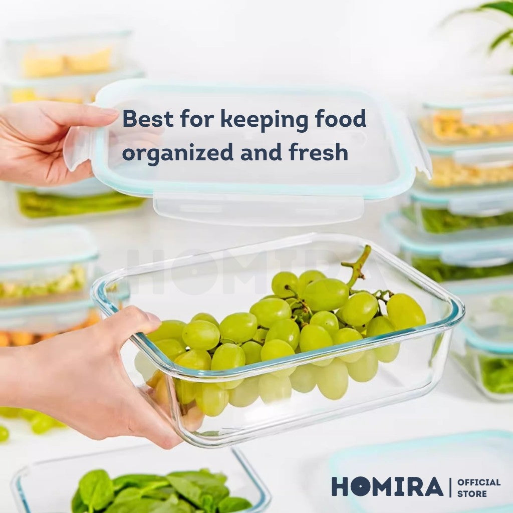 Homira Classic Rectangle Borosilicate Glass Food Container β Airtight Leakproof Oven Safe Lunch Box | (700mlβ1520ml)
