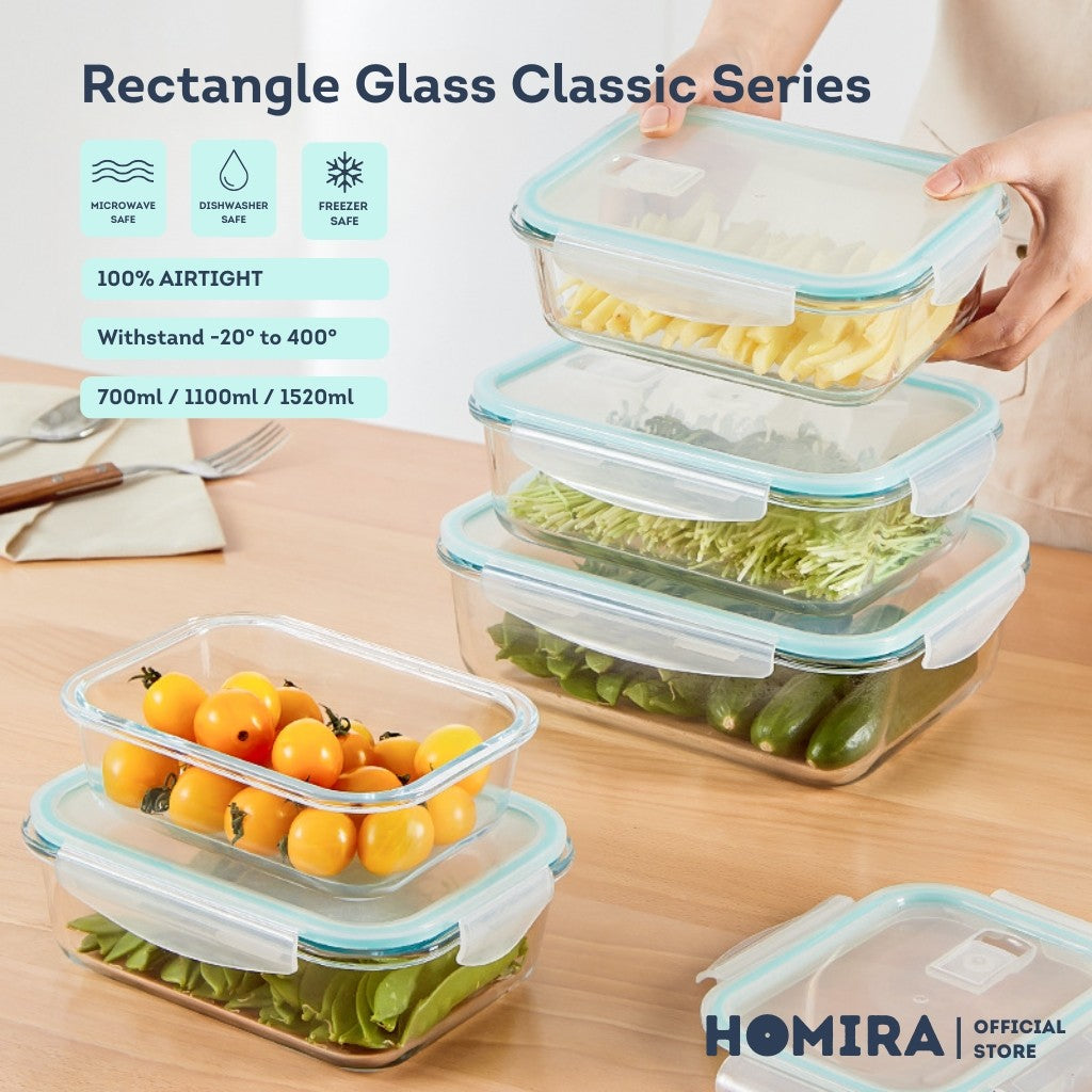 Homira Classic Rectangle Borosilicate Glass Food Container β Airtight Leakproof Oven Safe Lunch Box | (700mlβ1520ml)